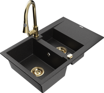 Mexen Gaspar Granitspüle 1,5-Becken mit Abtropffläche und Küchenarmatur Elia, schwarz/silber metallic - 6507-73-670101-50