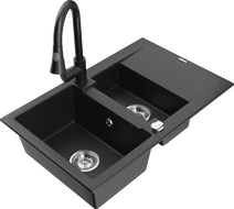Mexen Gaspar Granitspüle 1,5-Kammer mit Abtropffläche und Küchenarmatur Elia, schwarz/silber metallic - 6507-73-670101-70