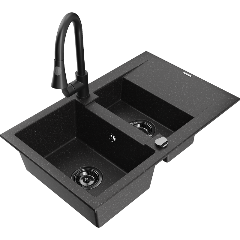 Mexen Gaspar Granitspüle 1,5-Becken mit Abtropffläche und Küchenarmatur Elia, schwarz/silber - 6507-73-670101-70-B