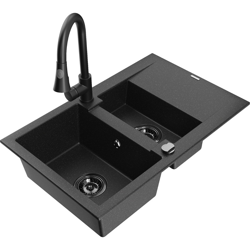 Mexen Gaspar granitspüle 1,5-beckig mit abtropffläche und küchenarmatur Elia, schwarz/silber - 6507-73-670101-70-B