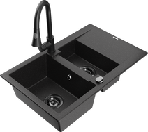 Mexen Gaspar Granitspüle 1,5-Becken mit Abtropffläche und Küchenarmatur Elia, schwarz/silber - 6507-73-670101-70-B