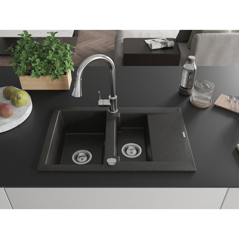 Mexen Gaspar Granitspüle, 1,5-beckig mit Abtropffläche und Küchenarmatur Elia, schwarz/gold metallic - 6507-75-670101-00