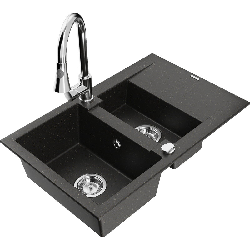 Mexen Gaspar Granitspüle 1,5-becken mit Abtropffläche und Küchenarmatur Elia, schwarz/gold metallic - 6507-75-670101-00