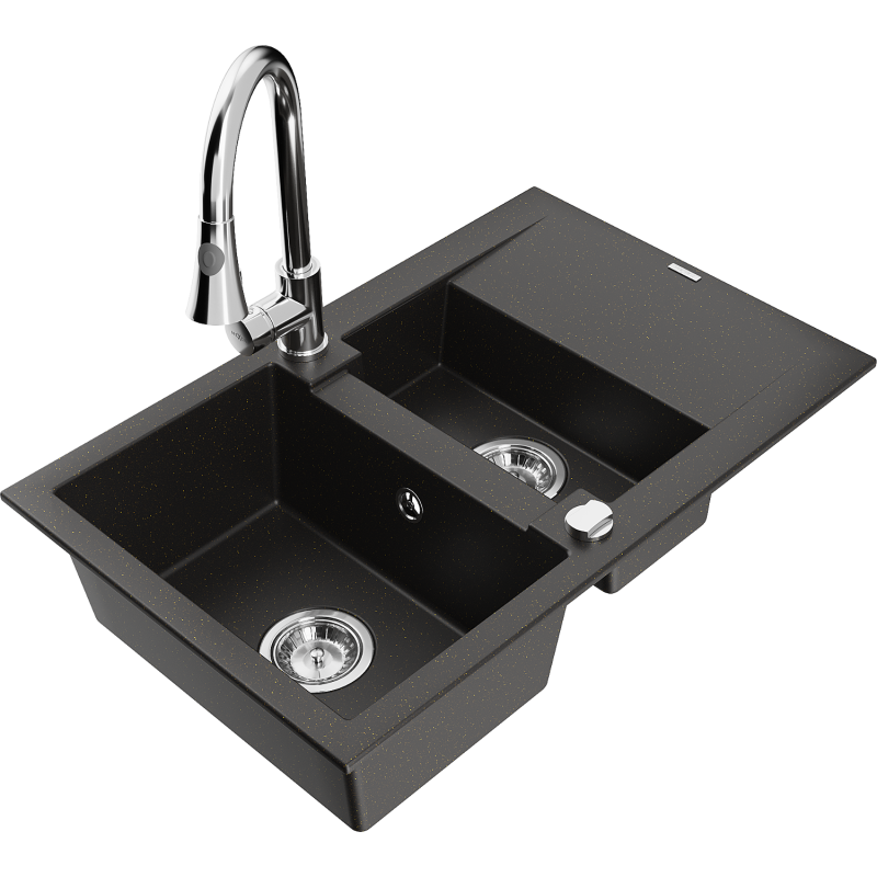 Mexen Gaspar Granitspüle, 1,5-beckig mit Abtropffläche und Küchenarmatur Elia, schwarz/gold metallic - 6507-75-670101-00