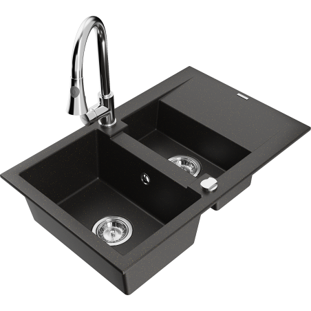 Mexen Gaspar Granitspüle 1,5-becken mit Abtropffläche und Küchenarmatur Elia, schwarz/gold metallic - 6507-75-670101-00