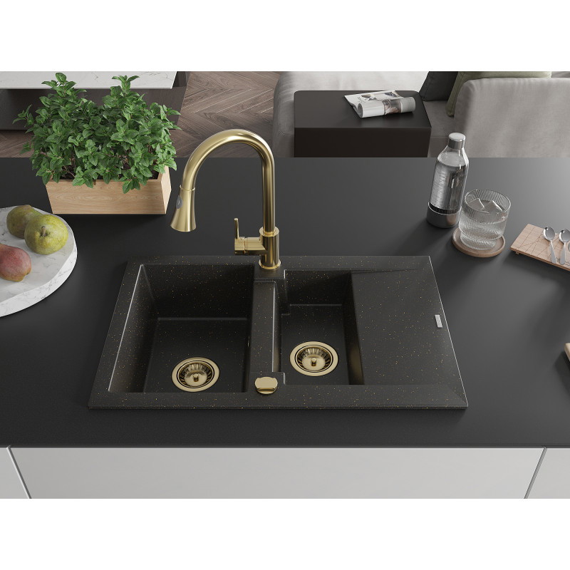 Mexen Gaspar Granitspüle 1,5-Becken mit Abtropffläche und Küchenarmatur Elia, schwarz/gold metallic - 6507-75-670101-50