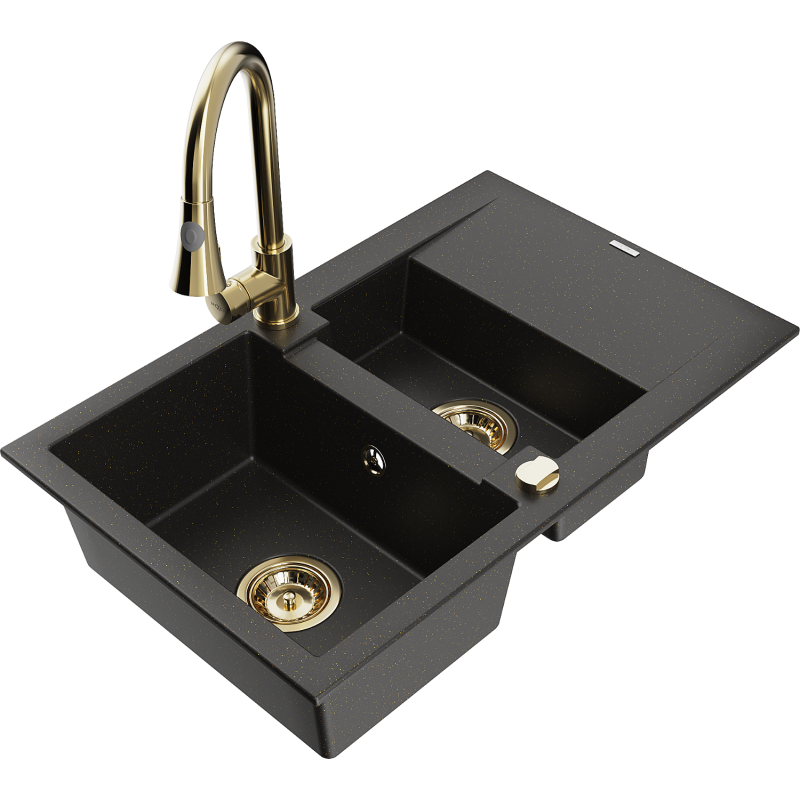 Mexen Gaspar Granitspüle 1,5-Becken mit Abtropffläche und Küchenarmatur Elia, schwarz/gold metallic - 6507-75-670101-50