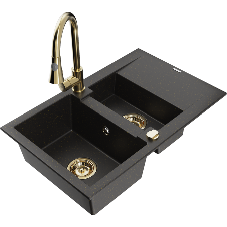 Mexen Gaspar Granitspüle 1,5-Becken mit Abtropffläche und Küchenarmatur Elia, schwarz/gold metallic - 6507-75-670101-50