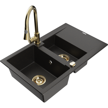 Mexen Gaspar Granitspüle 1,5-Kammern mit Abtropffläche und Küchenarmatur Elia, schwarz/goldener Metallic - 6507-75-670101-50