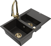 Mexen Gaspar Granitspüle 1,5-Becken mit Abtropffläche und Küchenarmatur Elia, schwarz/gold metallic - 6507-75-670101-50