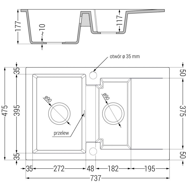 Mexen Gaspar Granitspüle 1,5-Kammern mit Abtropffläche und Küchenarmatur Elia, schwarz/goldener Metallic - 6507-75-670101-50