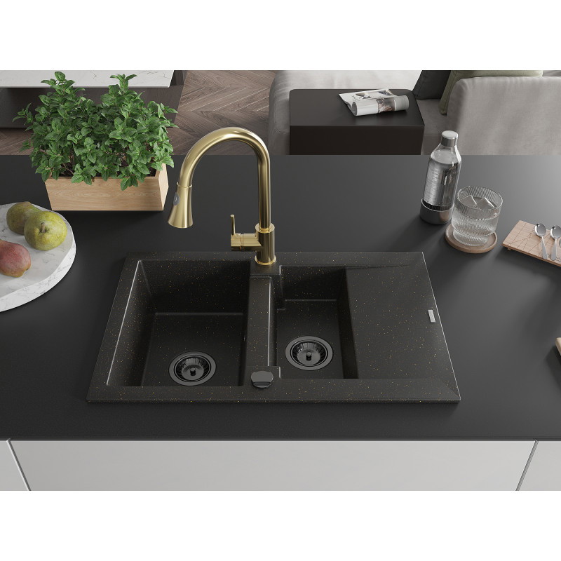 Mexen Gaspar Granitspüle 1,5-Becken mit Abtropffläche und Küchenarmatur Elia, schwarz/gold metallic - 6507-75-670101-50-B