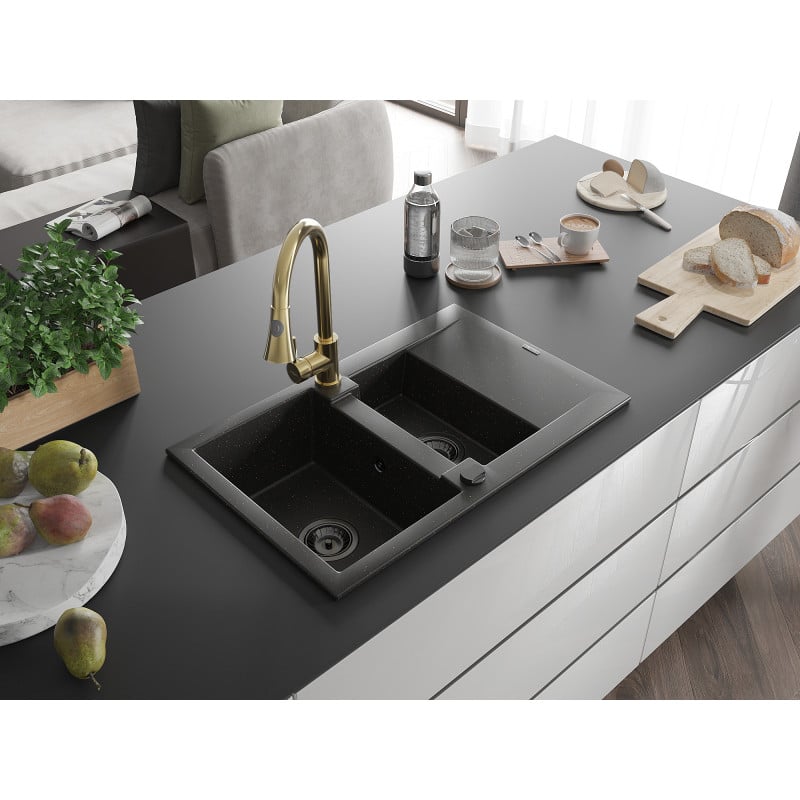 Mexen Gaspar Granitspüle 1,5-Becken mit Abtropffläche und Küchenarmatur Elia, schwarz/gold metallic - 6507-75-670101-50-B