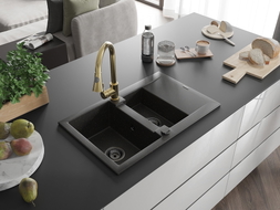 Mexen Gaspar Granitspüle 1,5-Becken mit Abtropffläche und Küchenarmatur Elia, schwarz/gold metallic - 6507-75-670101-50-B