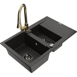 Mexen Gaspar 1,5-Becken-Granitspüle mit Abtropffläche und Mischbatterie Elia, Schwarz/Gold metallisch - 6507-75-670101-50-B