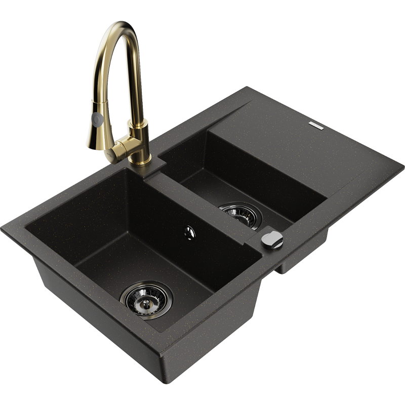 Mexen Gaspar Granitspüle 1,5-Becken mit Abtropffläche und Küchenarmatur Elia, schwarz/gold metallic - 6507-75-670101-50-B
