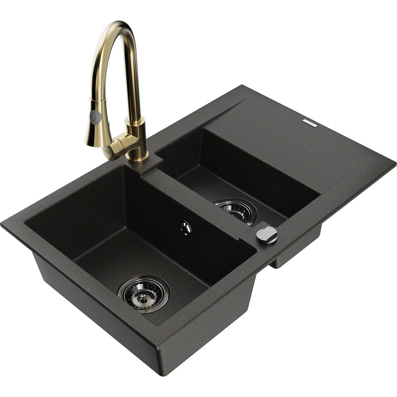 Mexen Gaspar Granitspüle 1,5-bowl mit Abtropffläche und Küchenarmatur Elia, schwarz/gold metallic - 6507-75-670101-50-B