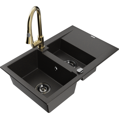 Mexen Gaspar granite Spüle 1,5-Kammer mit Abtropffläche und Küchenarmatur Elia, schwarz/gold Metallic - 6507-75-670101-50-B