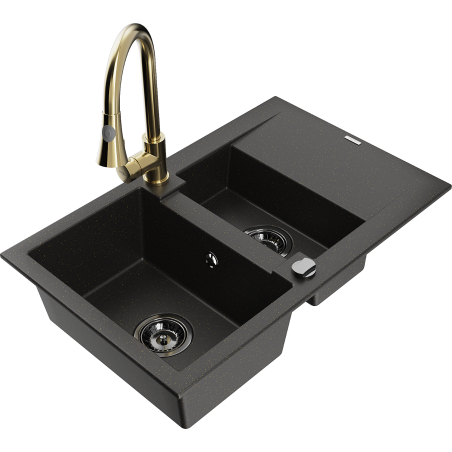 Mexen Gaspar Granitspüle 1,5-Becken mit Abtropffläche und Küchenarmatur Elia, schwarz/gold metallic - 6507-75-670101-50-B