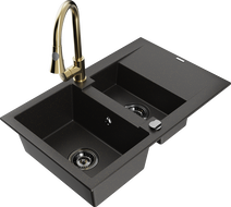 Mexen Gaspar Granitspüle 1,5-Becken mit Abtropffläche und Küchenarmatur Elia, schwarz/gold metallic - 6507-75-670101-50-B