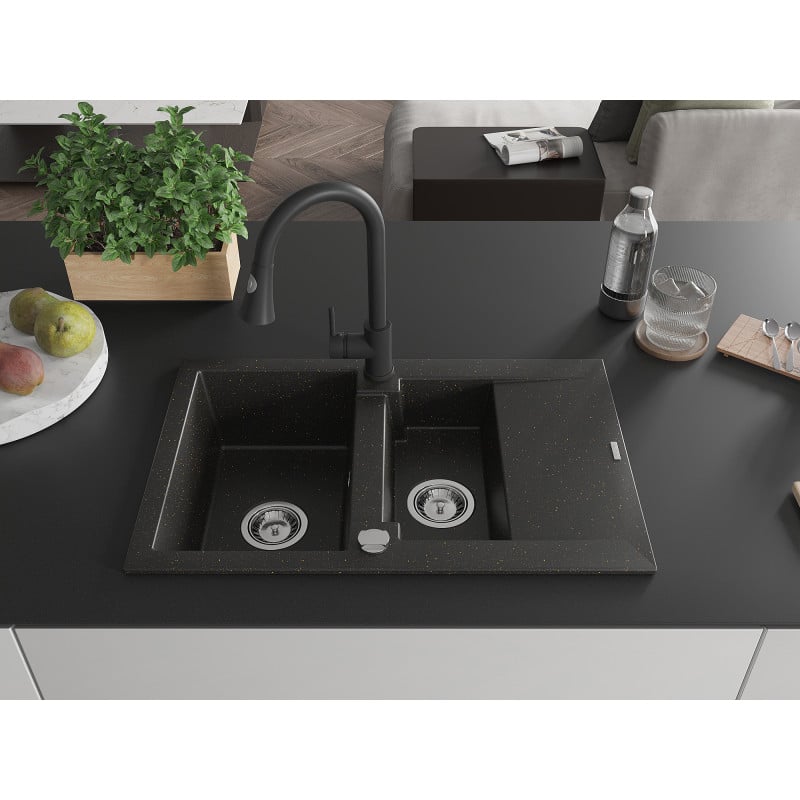 Mexen Gaspar Granitspüle 1,5-beckig mit Abtropffläche und Küchenarmatur Elia, schwarz/gold-matt - 6507-75-670101-70