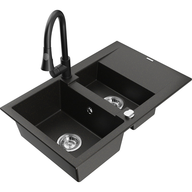 Mexen Gaspar 1,5-Schalen-Spülbecken aus Granit mit Abtropffläche und Küchenarmatur Elia, Schwarz/Gold Metallic