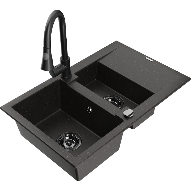 Mexen Gaspar Granitspüle 1,5-Becken mit Abtropffläche und Küchenarmatur Elia, Schwarz/Gold-Metallic - 6507-75-670101-70-B