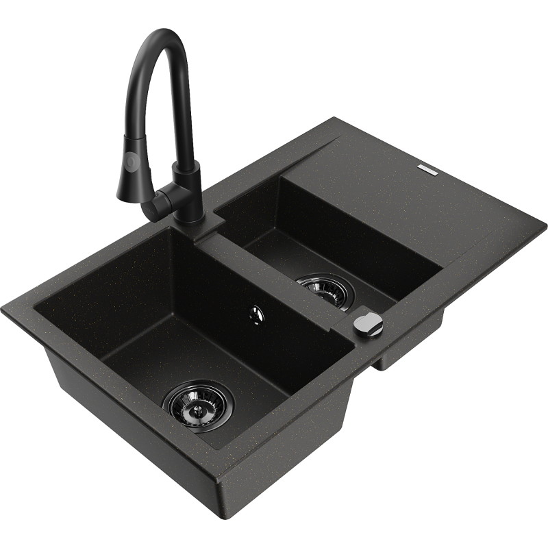 Mexen Gaspar granitspüle 1,5-becken mit abtropffläche und küchenarmatur Elia, schwarz/gold metallik - 6507-75-670101-70-B