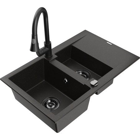Mexen Gaspar Granitspüle 1,5-Becken mit Abtropffläche und Küchenarmatur Elia, Schwarz/Gold-Metallic - 6507-75-670101-70-B