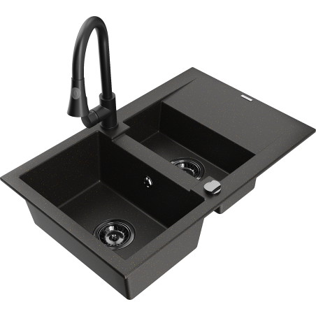 Mexen Gaspar granitspüle 1,5-becken mit abtropffläche und küchenarmatur Elia, schwarz/gold metallik - 6507-75-670101-70-B