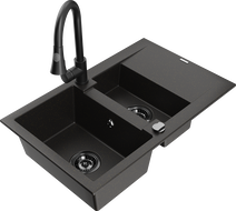 Mexen Gaspar Granitspüle 1,5-Becken mit Abtropffläche und Küchenarmatur Elia, Schwarz/Gold-Metallic - 6507-75-670101-70-B