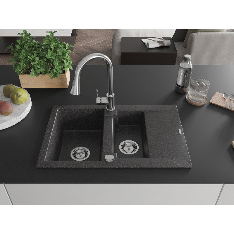 Mexen Gaspar Granitspüle 1,5-Becken mit Abtropffläche und Küchenarmatur Elia, schwarz gesprenkelt - 6507-76-670101-00