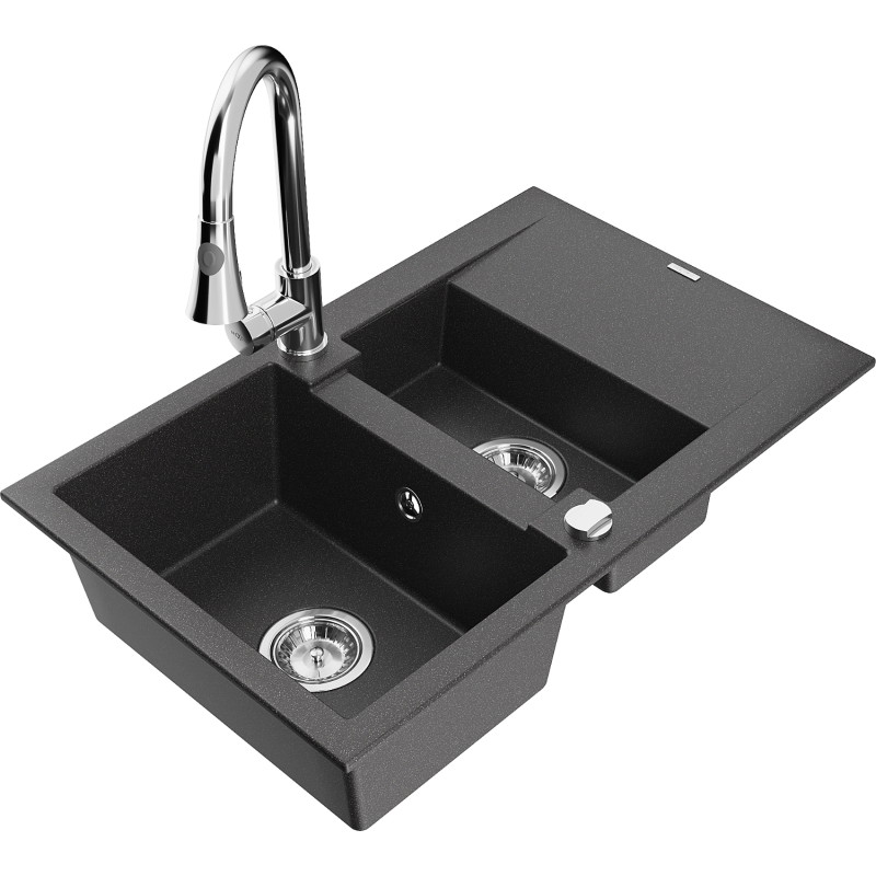 Mexen Gaspar Granitspüle 1,5-Becken mit Abtropffläche und Küchenarmatur Elia, schwarz gesprenkelt - 6507-76-670101-00