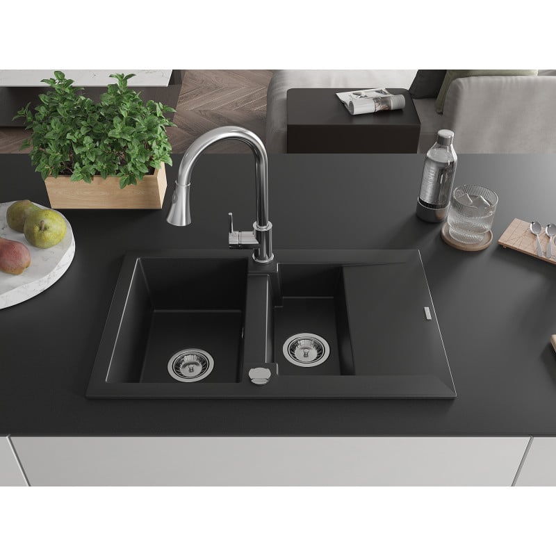 Mexen Gaspar Granitspüle 1,5-beckig mit Abtropffläche und Küchenarmatur Elia, schwarz - 6507-77-670101-00