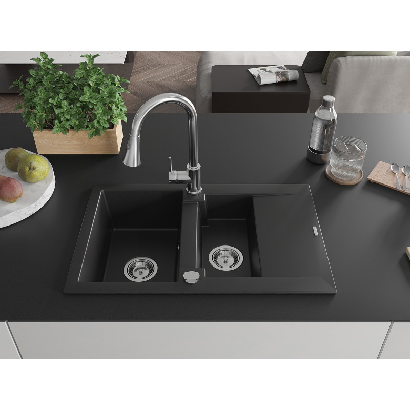 Mexen Gaspar granitspüle mit 1,5 Becken, Ablage und Küchenarmatur Elia, schwarz - 6507-77-670101-00