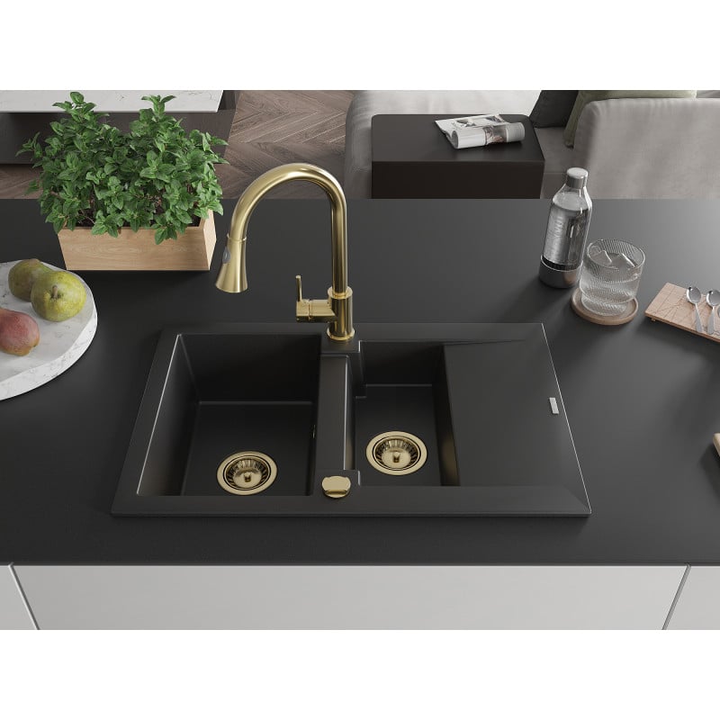 Mexen Gaspar Granitspüle 1,5-Becken mit Abtropffläche und Küchenarmatur Elia, schwarz - 6507-77-670101-50