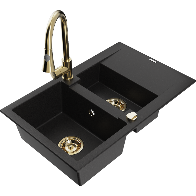 Mexen Gaspar Granitspüle 1,5-Becken mit Abtropffläche und Küchenarmatur Elia, schwarz - 6507-77-670101-50