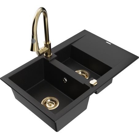 Mexen Gaspar Granitspüle 1,5-Becken mit Abtropffläche und Küchenarmatur Elia, schwarz - 6507-77-670101-50