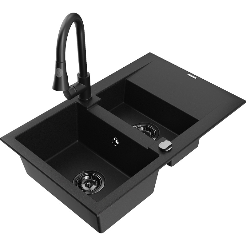 Mexen Gaspar Granitspüle 1,5-Becken mit Abtropffläche und Küchenarmatur Elia, schwarz - 6507-77-670101-70-B