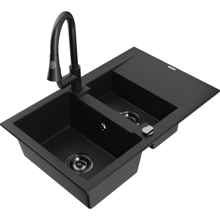 Mexen Gaspar Granitspüle 1,5-Becken mit Abtropffläche und Küchenarmatur Elia, schwarz - 6507-77-670101-70-B