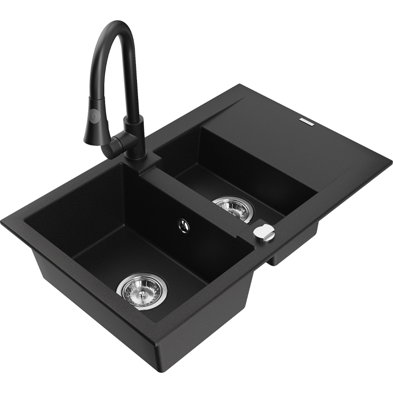 Mexen Gaspar Granitspüle 1,5-Becken mit Abtropffläche und Küchenarmatur Elia, schwarz - 6507-77-670101-70
