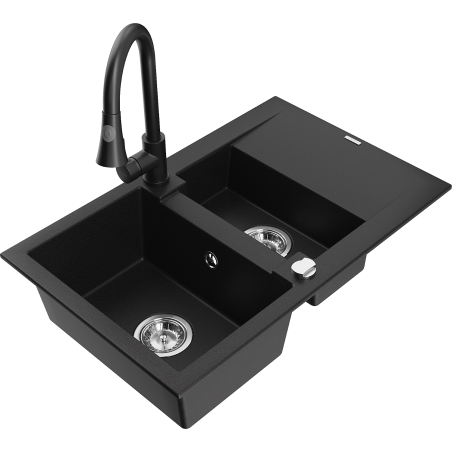 Mexen Gaspar Granitspüle 1,5-Becken mit Abtropffläche und Küchenarmatur Elia, schwarz - 6507-77-670101-70