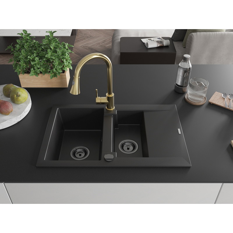 Mexen Gaspar Granitspüle 1,5-Becken mit Abtropffläche und Küchenarmatur Elia, schwarz - 6507-77-670101-50-B