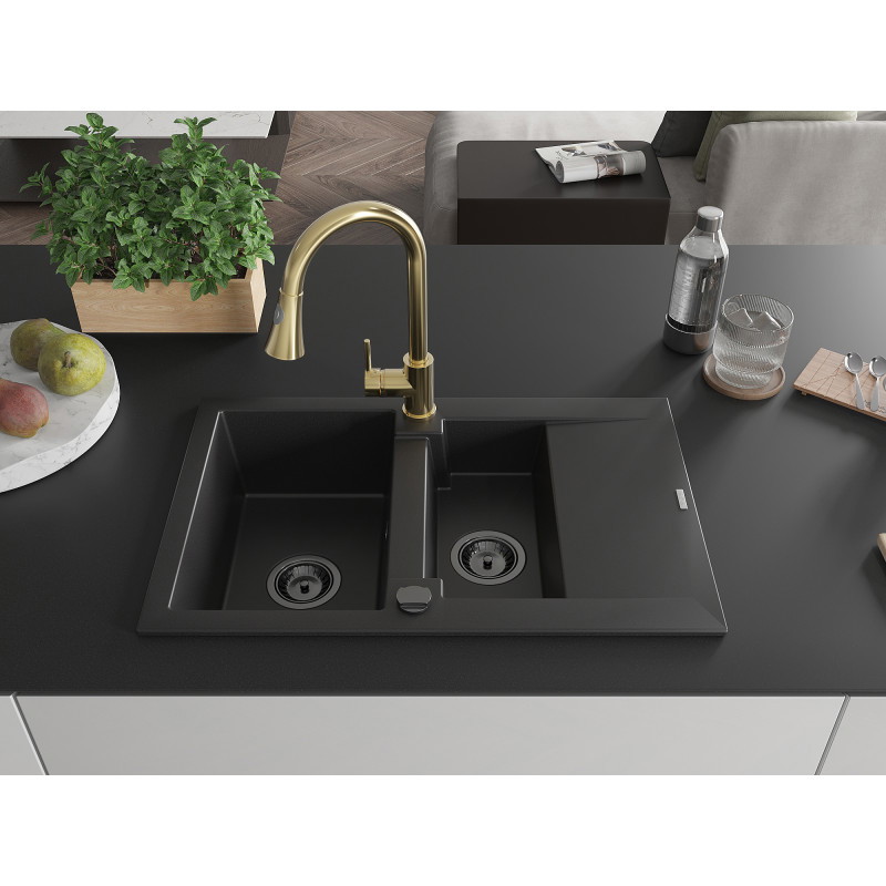 Mexen Gaspar Granitspüle 1,5-beckig mit Abtropffläche und Küchenarmatur Elia, schwarz - 6507-77-670101-50-B