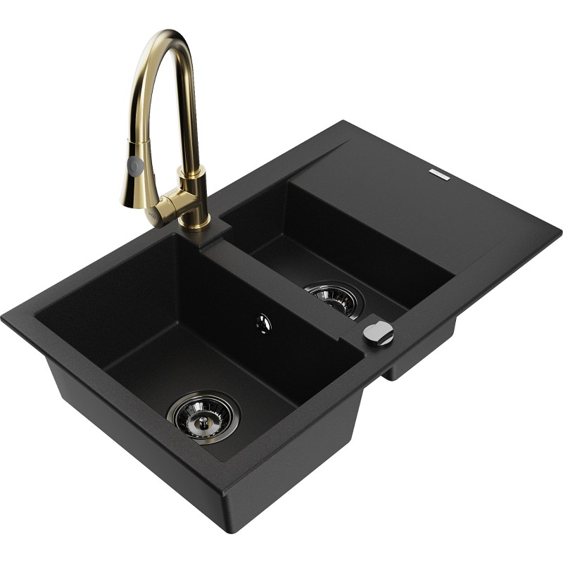 Mexen Gaspar Granitspüle 1,5-fach mit Abtropffläche und Küchenarmatur Elia, schwarz - 6507-77-670101-50-B