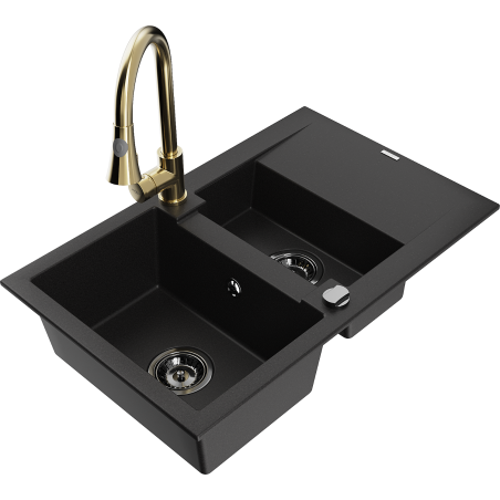 Mexen Gaspar Granitspüle 1,5-fach mit Abtropffläche und Küchenarmatur Elia, schwarz - 6507-77-670101-50-B