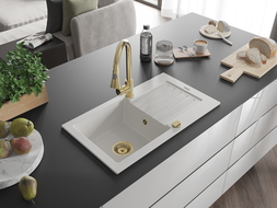 Mexen Pablo Granitspüle 1-beckig mit Abtropffläche und Küchenarmatur Elia, weiß - 6510-20-670101-50