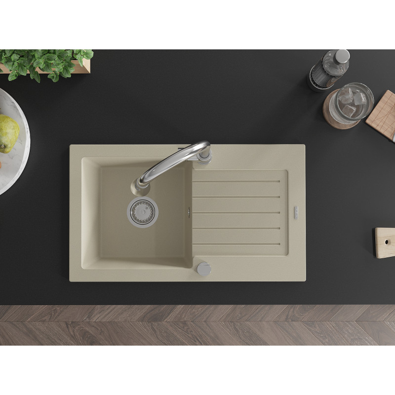 Mexen Pablo Granitspüle 1-beckig mit Abtropffläche und Küchenarmatur Elia, beige - 6510-69-670101-00