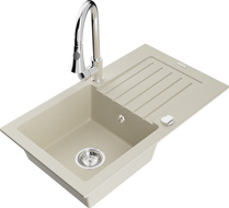 Mexen Pablo Granitspüle 1-beckig mit Abtropffläche und Küchenarmatur Elia, beige - 6510-69-670101-00