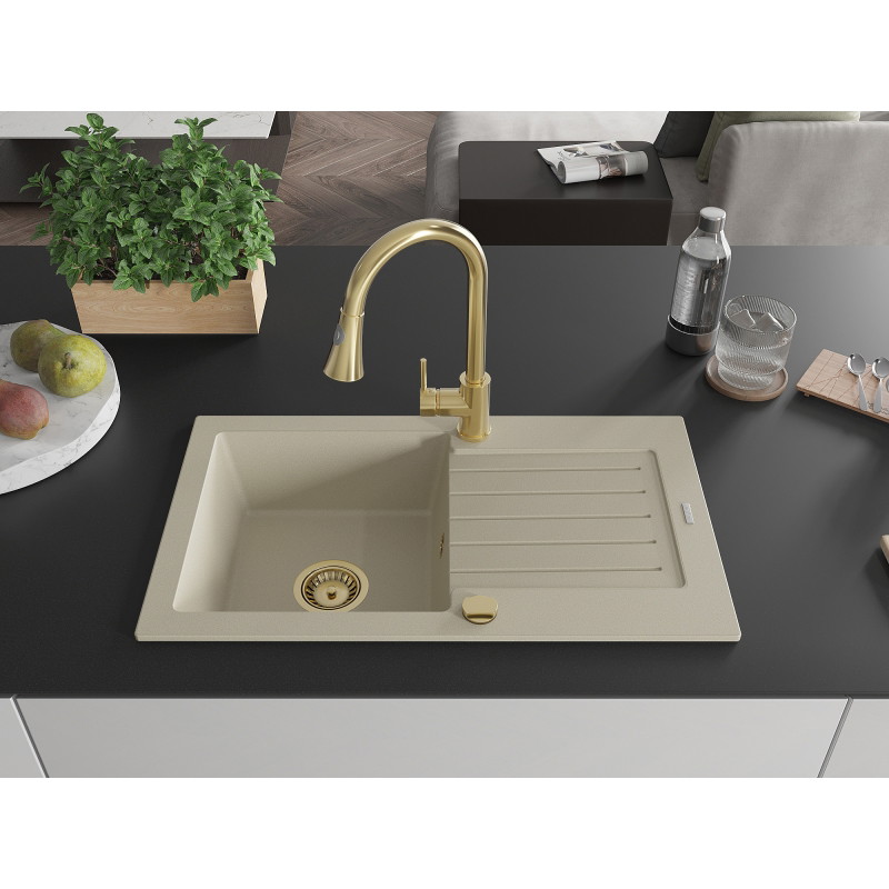 Mexen Pablo Granitspüle 1-beckig mit Abtropffläche und Küchenarmatur Elia, beige - 6510-69-670101-50